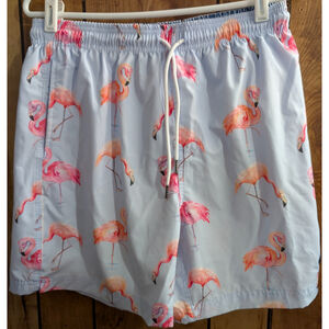 Sunsations Flamingo Print Swim Board Shorts Large‎ Lg Light Blue Quick Dry Liner